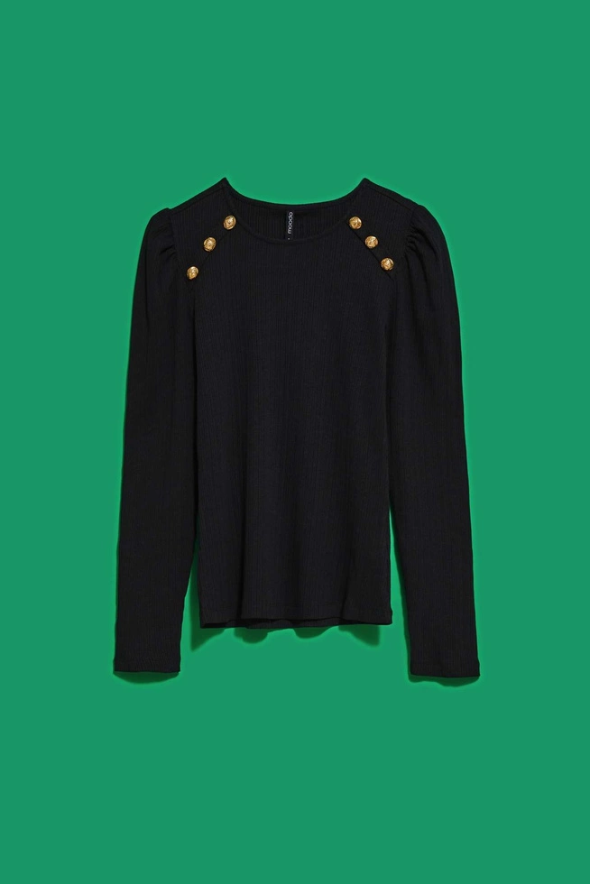 Bluzka z prążkowanej dzianiny z bufiastymi rękawami czarna