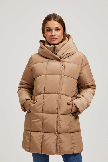 Pikowana kurtka z kapturem ciemnobeżowa