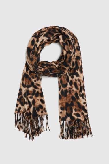 Szal w panterkę z frędzlami brązowy