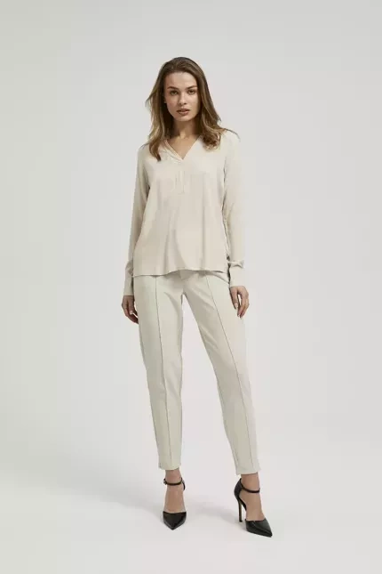 Gładka koszula z długimi rękawami beżowa