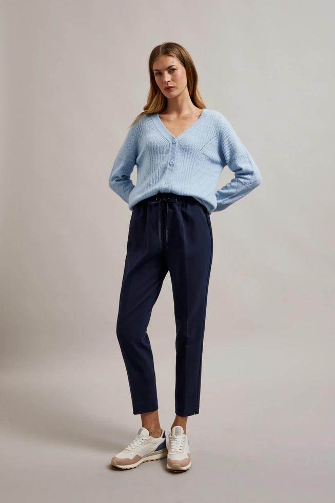 Spodnie z prostą nogawką i wiązaniem w pasie granatowe