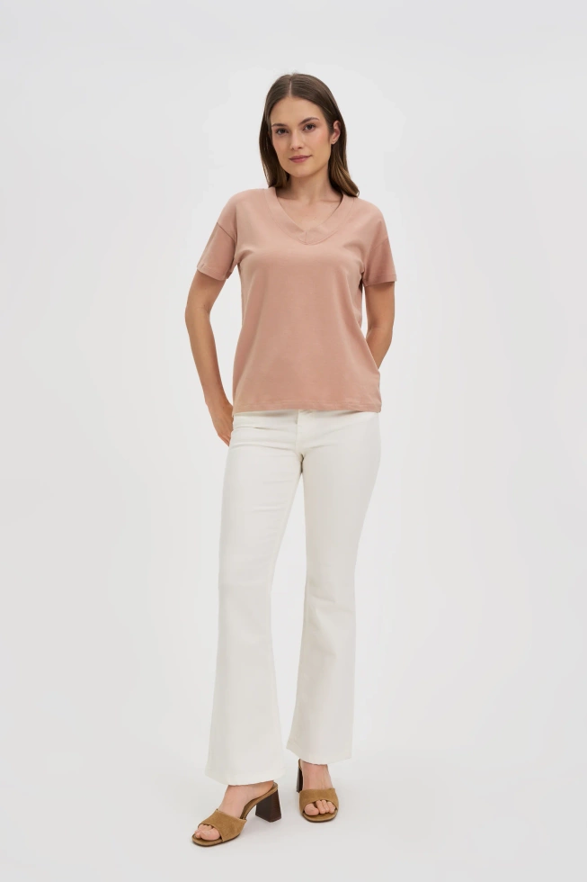Bawełniany t-shirt z dekoltem w serek beżowy