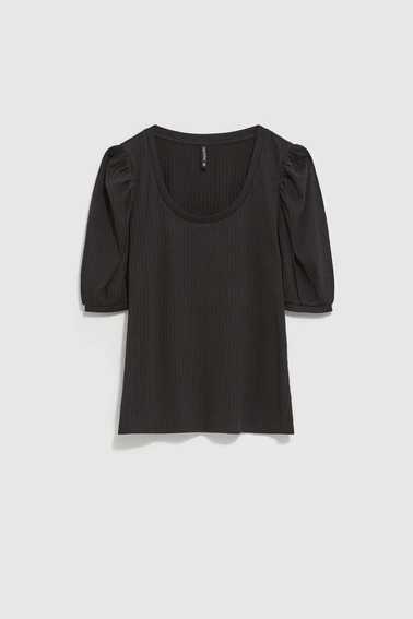 Bluzka z bufiastymi rękawami i okrągłym dekoltem czarna
