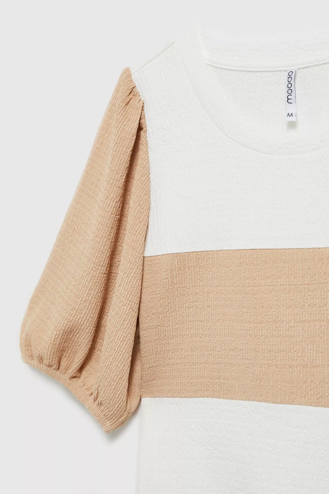 Bluzka w pasy z bufiastymi rękawami beżowa