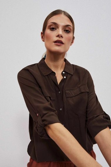 Wiskozowa koszula z kieszeniami ciemnbrązowa