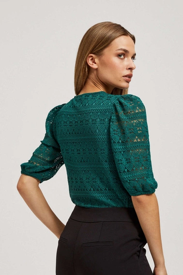 Koronkowa bluzka z bufiastymi rękawami szmaragdowa