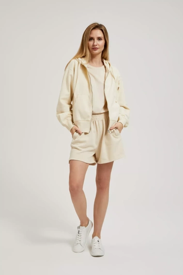 Rozpinana bluza z kapturem i bufiastymi rękawami beżowa