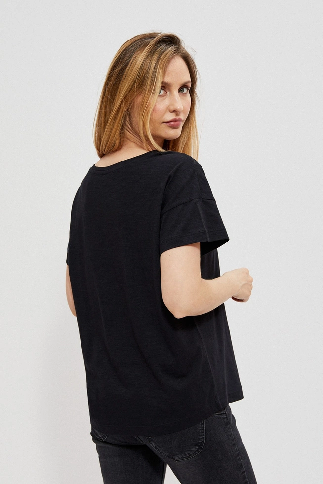 Bluzka z ażurowym dekoltem i krótkimi rękawami czarna