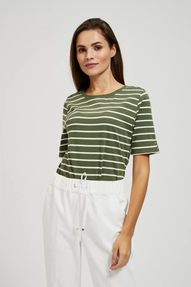 Bluzka w cienkie białe paski z wywijanymi rękawami khaki