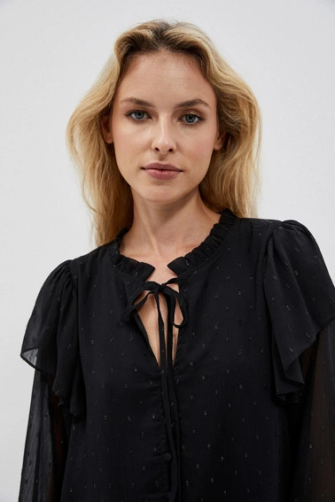 Koszula z wiązanym dekoltem i falbanami czarna