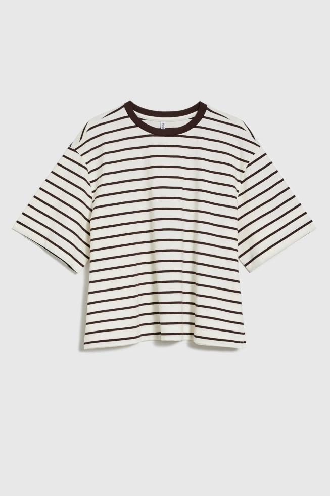 T-shirt oversize w paski brązowy