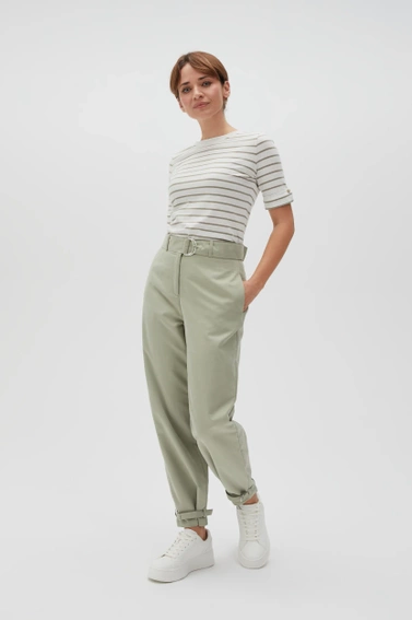 Bluzka w paski z okrągłym dekoltem oliwkowa