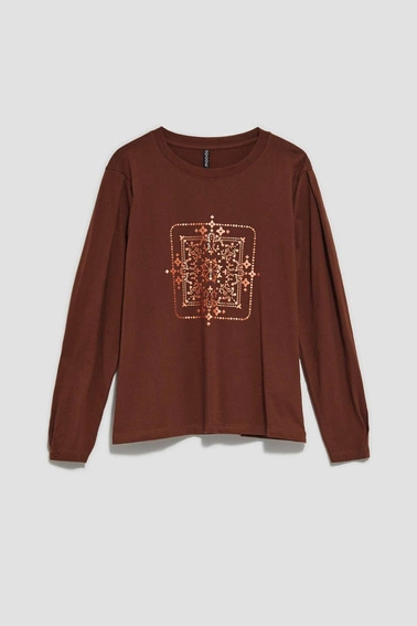 Bluzka z długimi rękawami i metalicznym printem kasztanowa