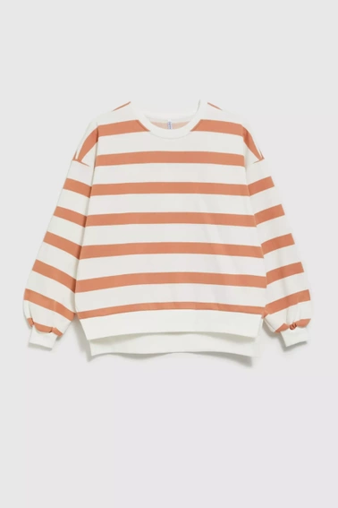 Bluza w paski z bufiastymi rękawami brązowa