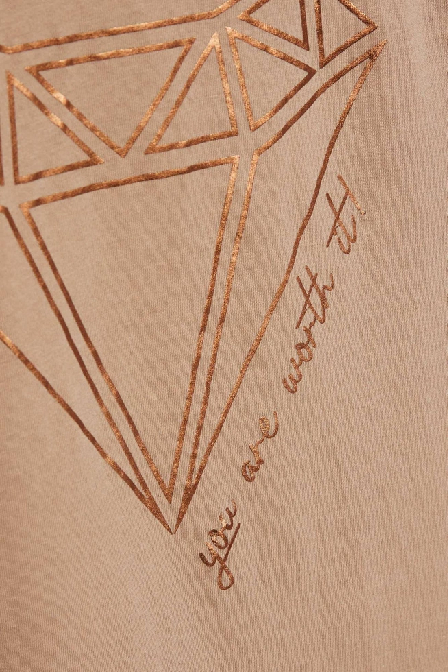 Bawełniana bluzka z nadrukiem ciemnobeżowa