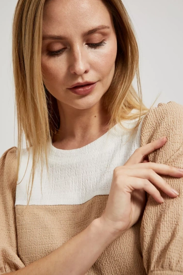 Bluzka w pasy z bufiastymi rękawami beżowa