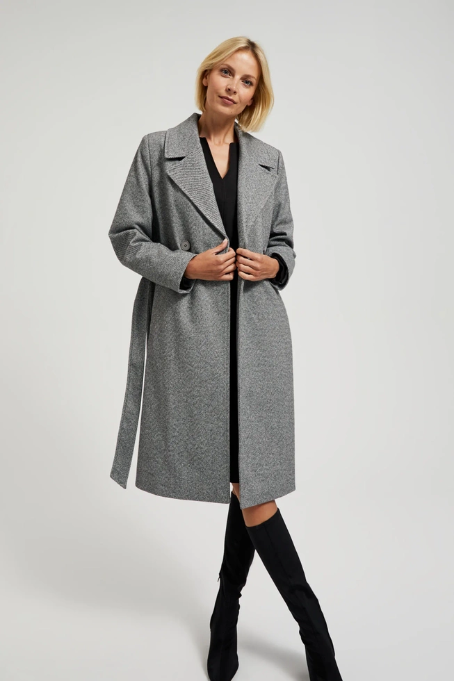 Dwurzędowy płaszcz z paskiem szary