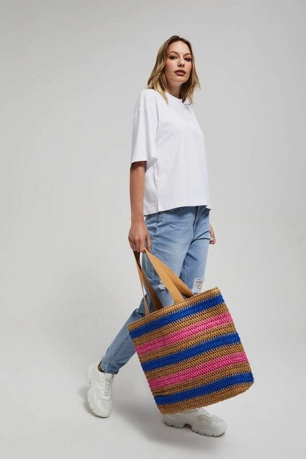 Pleciona torba na ramię w paski ciemnobeżowa