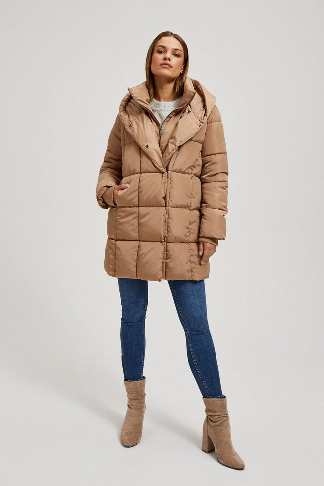 Pikowana kurtka z kapturem ciemnobeżowa