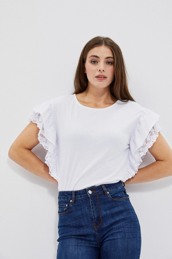 Bluzka z koronką i falbaną na krótkich rękawach biała