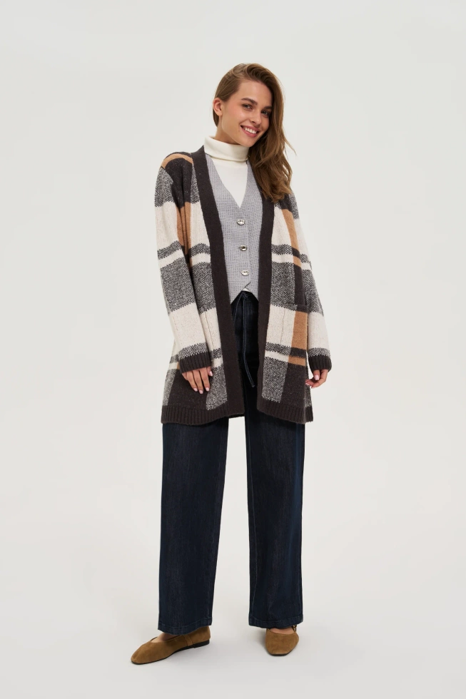 Kardigan w kratę beżowy