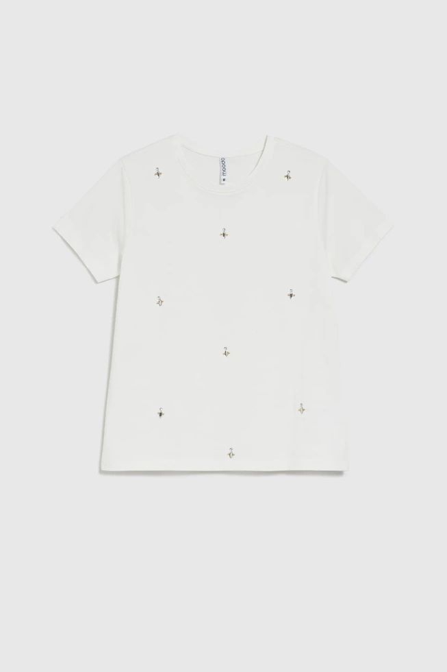 Bluzka ozdobiona koralikami z okrągłym dekoltem biała