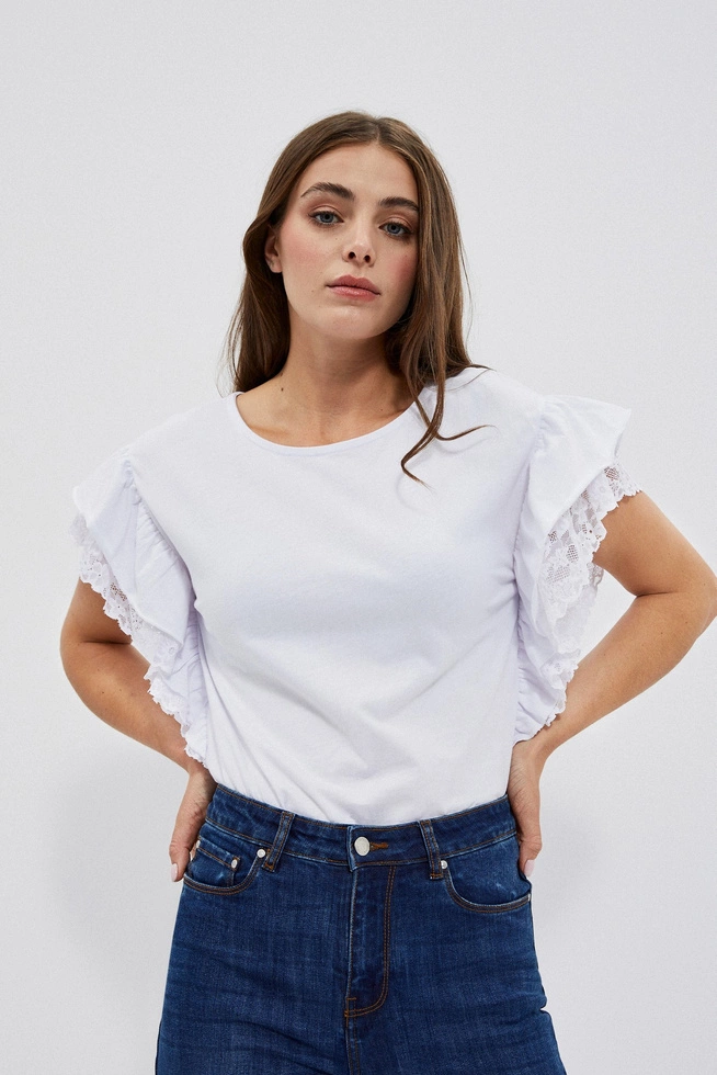 Bluzka z koronką i falbaną na krótkich rękawach biała