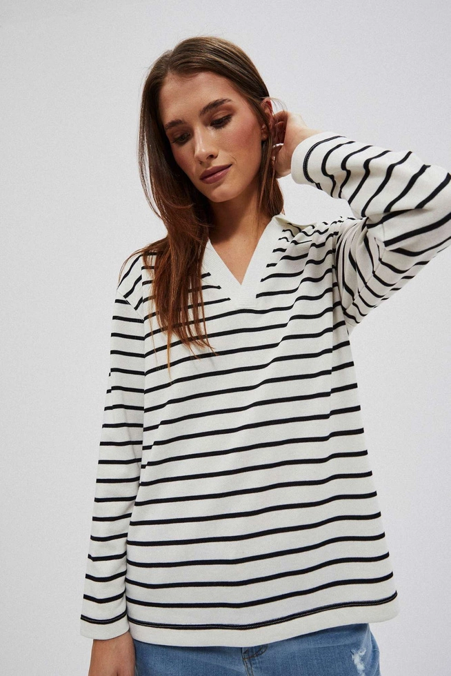 Bluza w paski z dekoltem w serek i kołnierzykiem perłowo-czarna