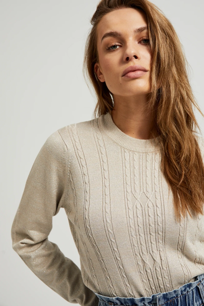 Sweter z długimi rękawami i okrągłym dekoltem beżowy