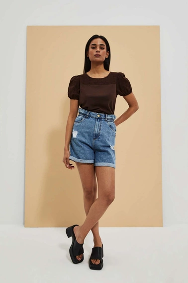 Bluzka z bufiastymi rękawami ciemnbrązowa