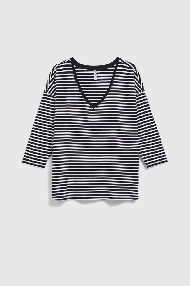 Bluzka w paski z opuszczonymi ramionami czarna