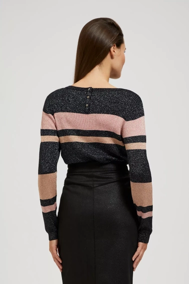 Sweter w paski z metaliczną nitką i okrągłym dekoltem czarny