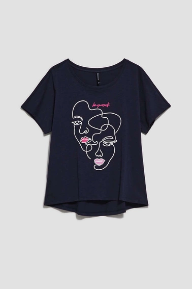 Bluzka z nadrukiem w kształcie twarzy granatowa