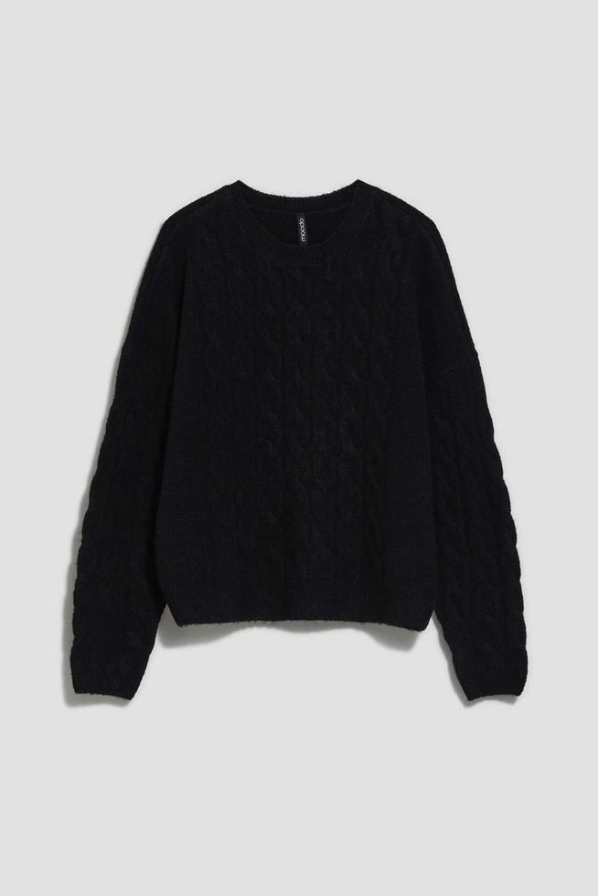 Sweter z ozdobnym splotem i okrągłym dekoltem czarny