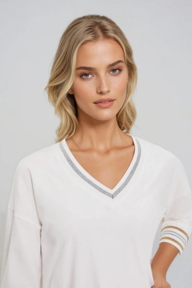 Bawełniana bluza z dekoltem w serek biała