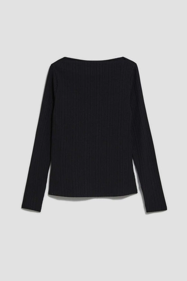 Dopasowana bluzka z prążkowanej dzianiny z długimi rękawami czarna