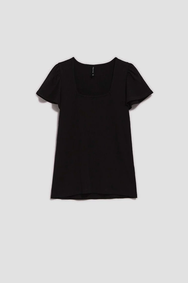 Bluzka z prążkowanej dzianiny z krótkimi bufaistymi rękawami czarna