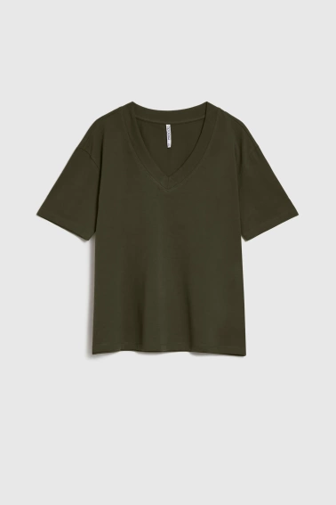 T-shirt z dekoltem w serek oliwkowy