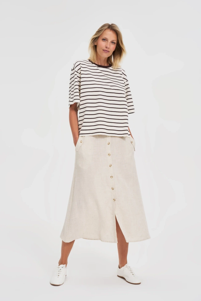 T-shirt oversize w paski brązowy