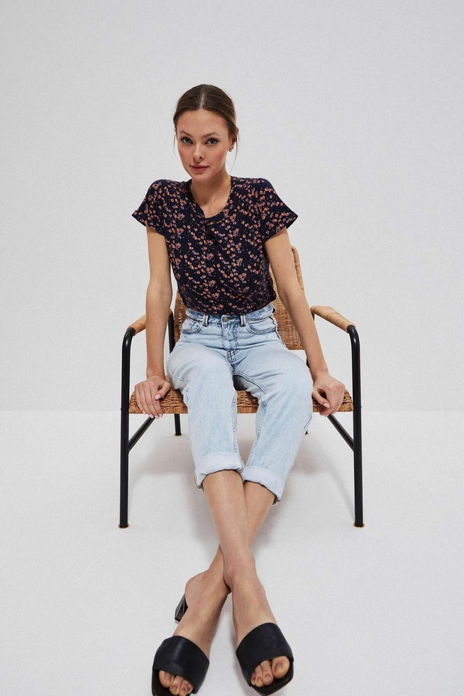 Bluzka z drobnym kwiatowym printem granatowa