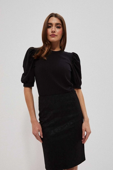Bluzka z bufiastymi rękawami i okrągłym dekoltem czarna