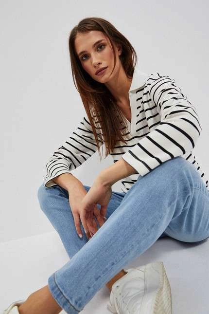 Bluza w paski z dekoltem w serek i kołnierzykiem perłowo-czarna