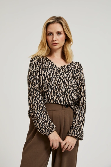 Wzorzysta bluzka z dlugimi rekawami brązowa