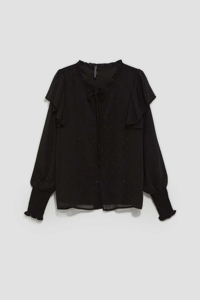 Koszula z wiązanym dekoltem i falbanami czarna