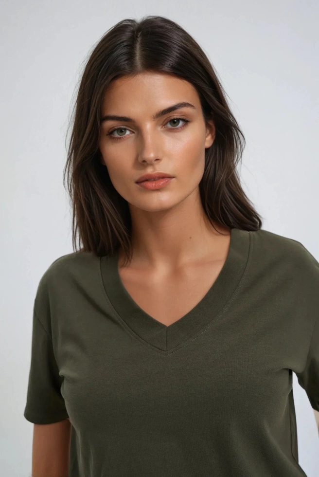 T-shirt z dekoltem w serek oliwkowy