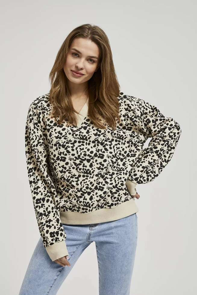 Wzorzysta bluza z dekoltem w serek i długimi rękawami beżowa