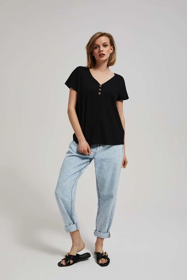 T-shirt z dekoltem w serek z guzikami czarny