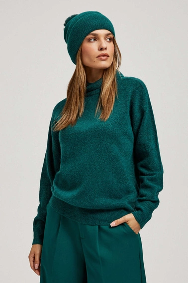 Ciepła dzianiowa czapka z pomponem szmaragdowa