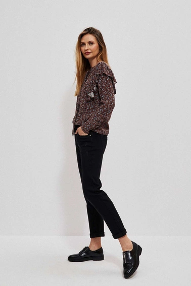 Koszula z wiązanym dekoltem i falbanami kasztanowa