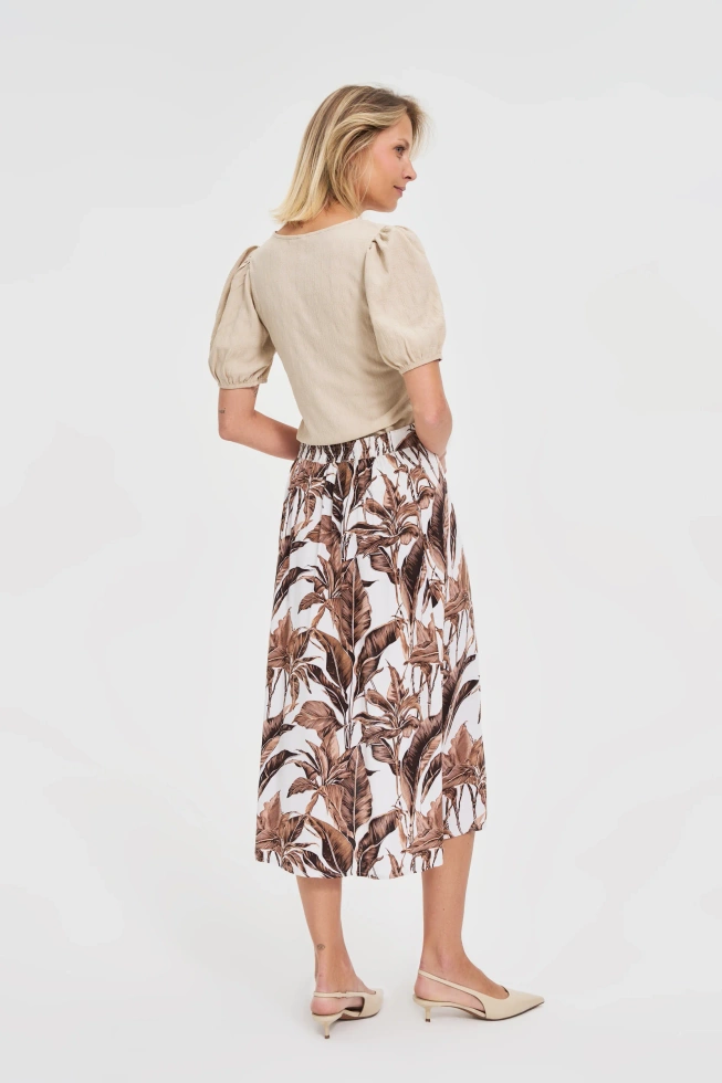 Spódnica midi w roślinny print brązowa